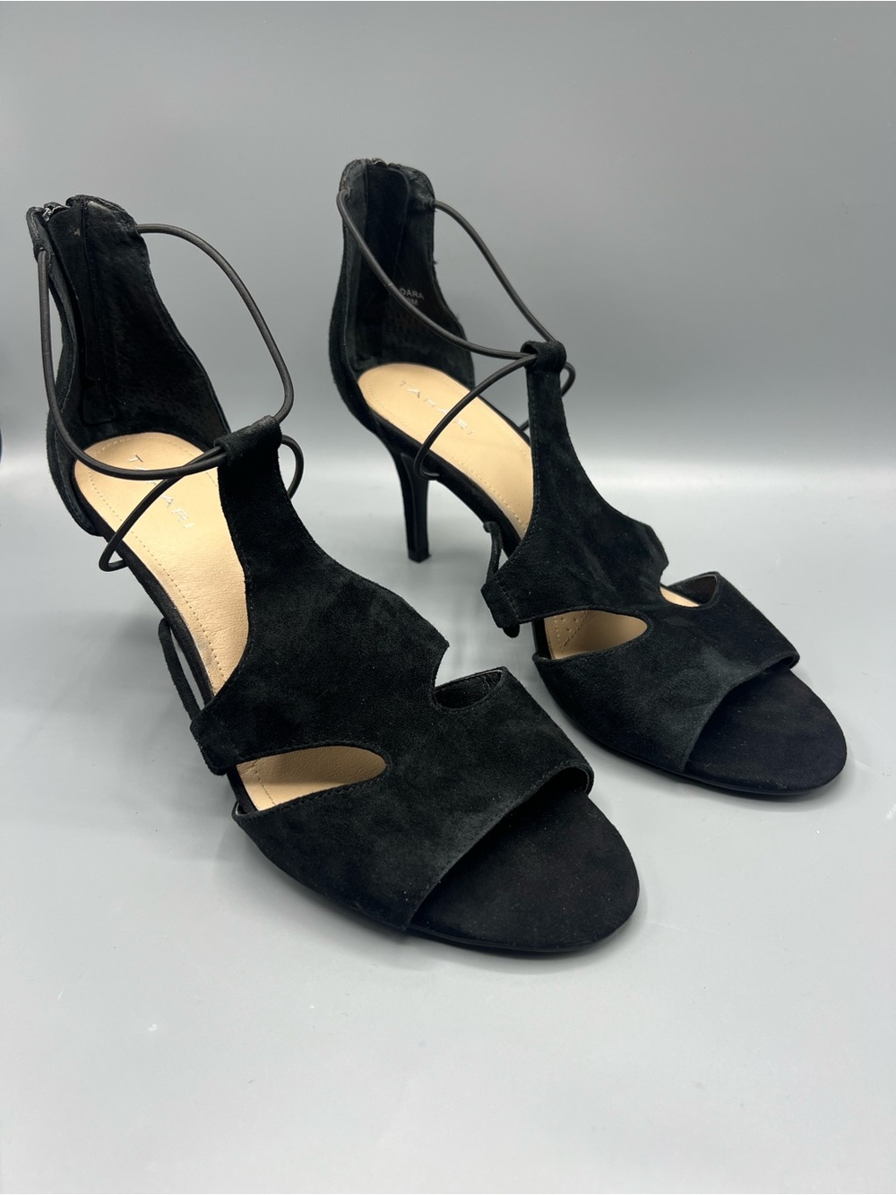 Tahari Dara Black Suede Open Toe Strappy Heels Back Zip Sandals